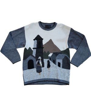 100% baby alpaca wool sweater with depiction of a mother daughter and village